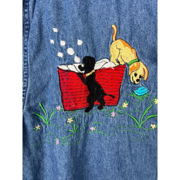 VTG Effeci Denim Short Sleeve Blouse Top Embroidered Dogs/Puppies Size XL - Picture 3 of 7